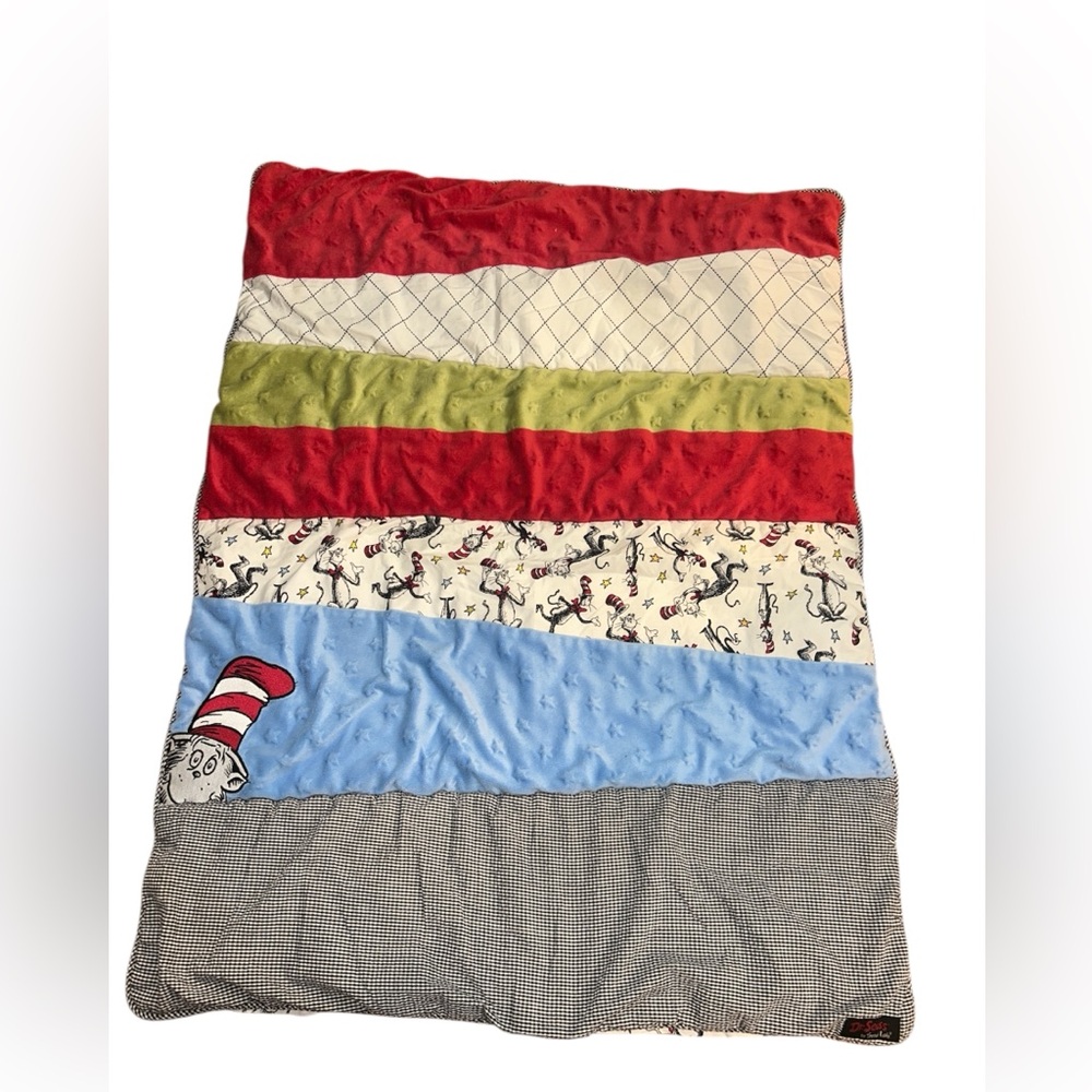 Dr. Seuss by Trend Lab Cat in the Hat Minky Patchwork Blanket Embroidery 31”x43
